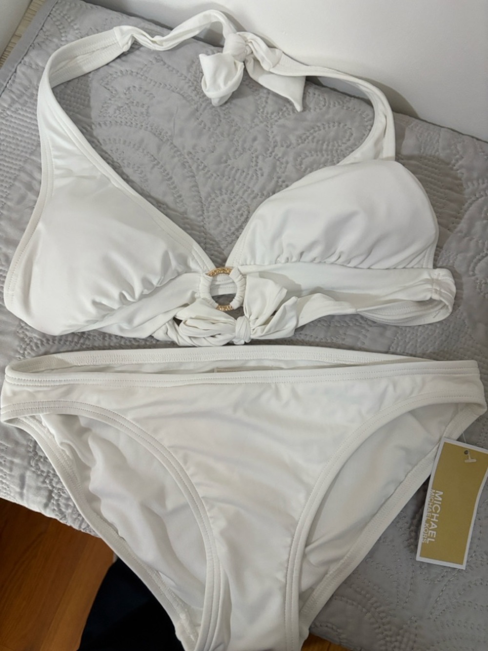 Michael Kors White Ring-Detail Halter Bikini